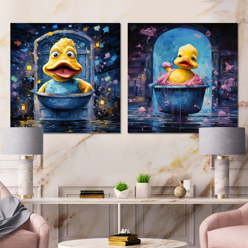 «Playful Yellow Duck In Bathaign I» - Ensemble de 2 carrés de salle de bain, H 23 po x l 46 po