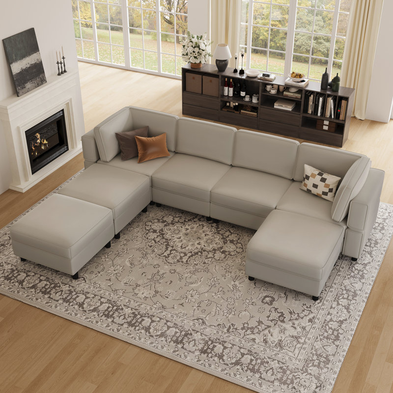 Canapé modulaire en U avec méridienne et repose-pieds, Velours gris velours