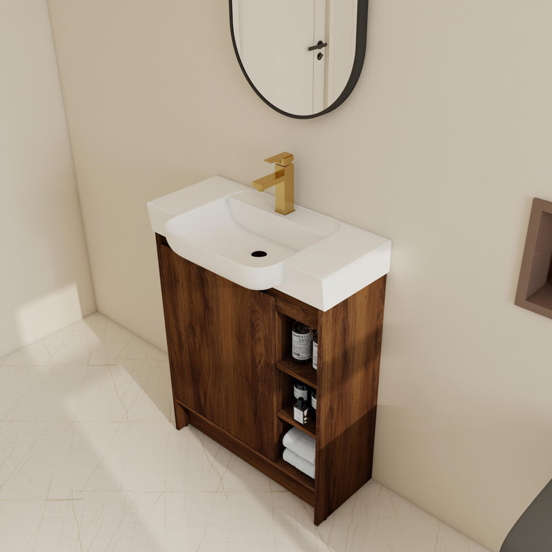 Ensemble de meuble-lavabo simple 28 po avec lavabo et tablettes en céramique, Brun