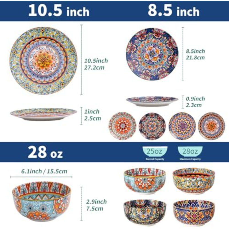 Service de table bohème en porcelaine de 12 pièces pour 4 personnes, assiettes et bols colorés
