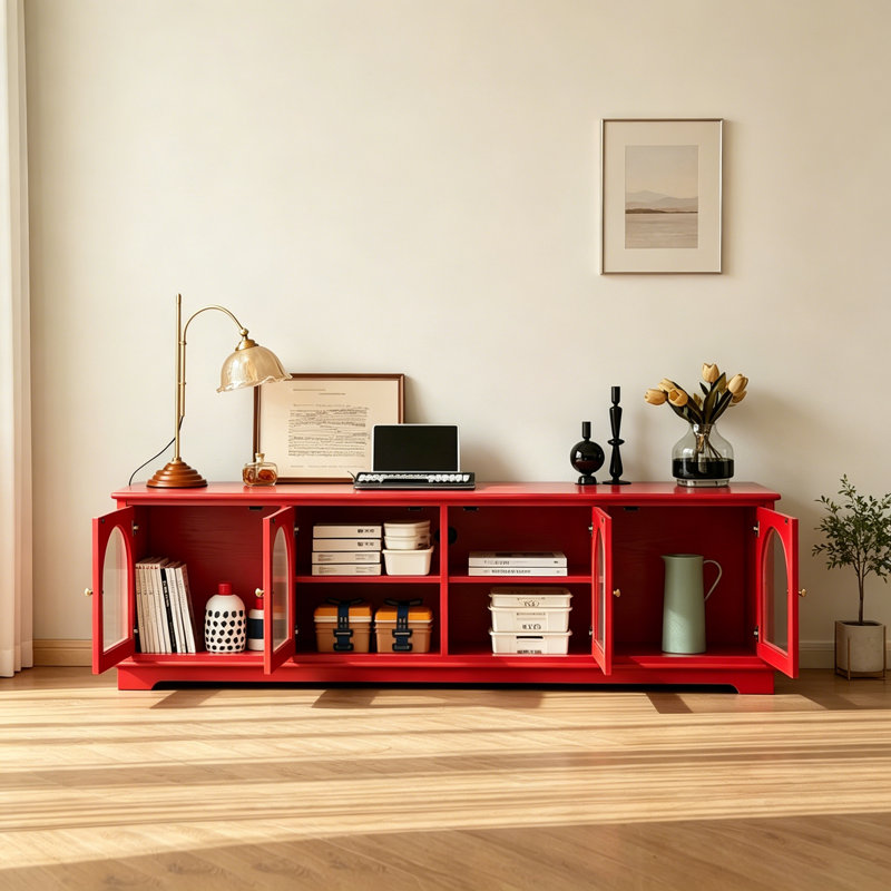 Meuble télé rétro en bois massif rétro avec bouleau, Red