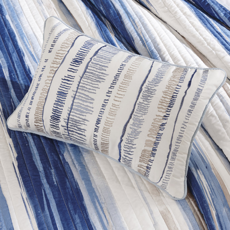 King Blue Reversible Microfiber Quilt Set with Decorative Pillows
