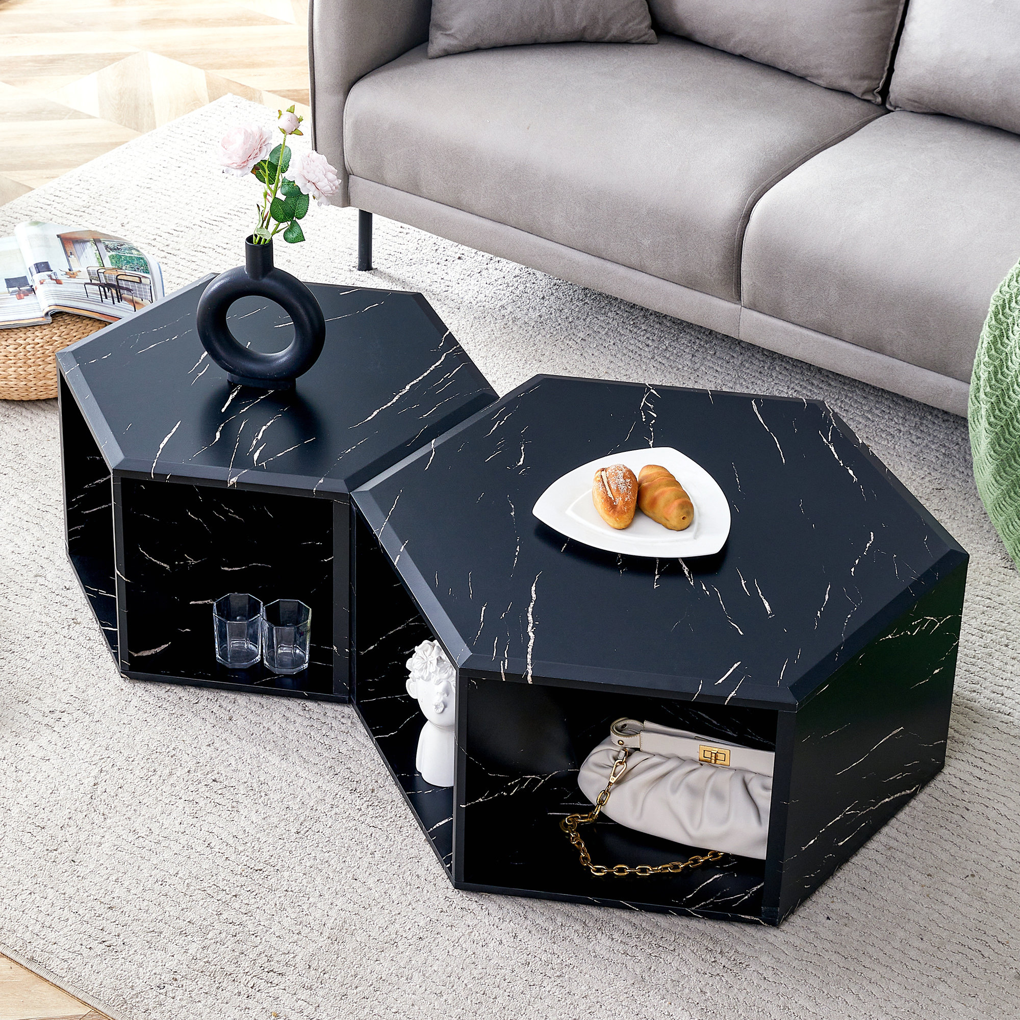 Ivy Bronx Minimalist White Patterns Hexagonal Coffee Table Set ...