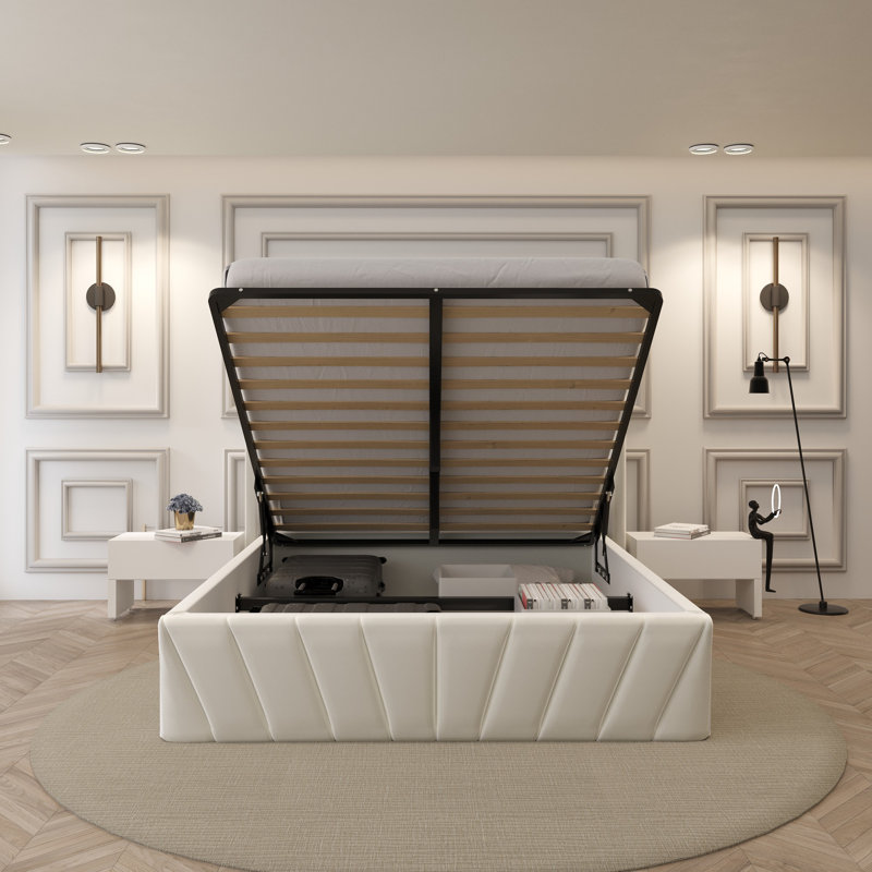 Iginia Upholstered High Headboard Storage Bed w/Hydraulic Gas Lift, Wood Slat System & Under Bed Storage