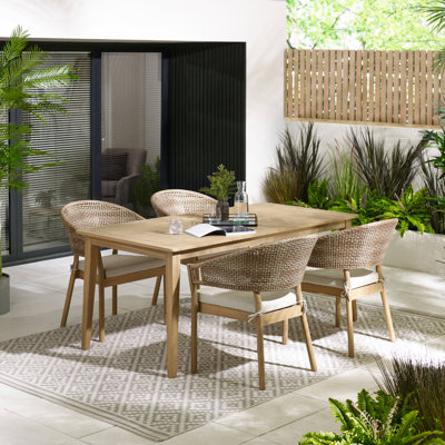 Ronja Solid Wooden Garden Outdoor Table Set With Wicker Dining Chairs - Modern Boho Style