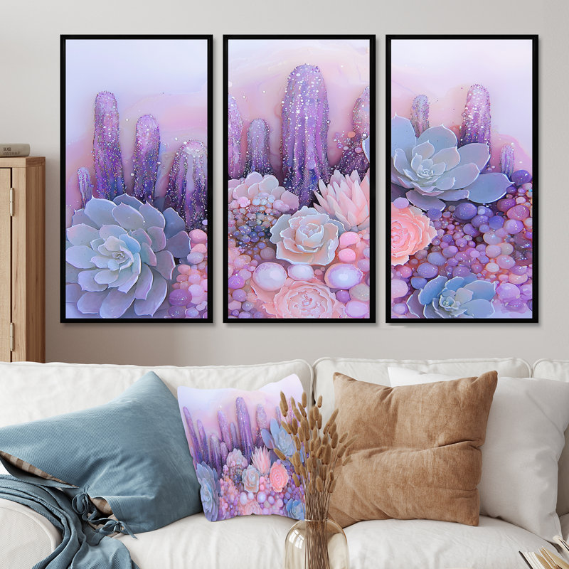 Lavande, aura de cactus au Nevada - ensemble de décoration murale cactus floral, 28" H x 36" W, Noir