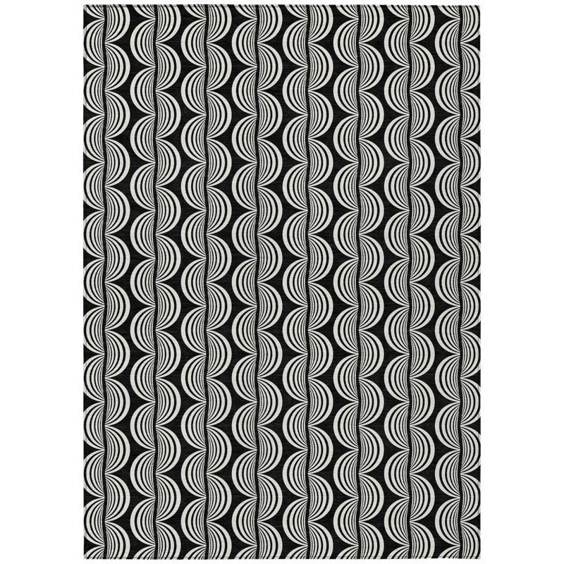 3' X 5' Black And Ivory Ogee Washable Indoor Outdoor Area Rug