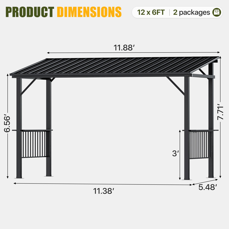 12 pi. L 6 pi. D Pavillon de jardin pour barbecue avec toit rigide incliné pour barbecue