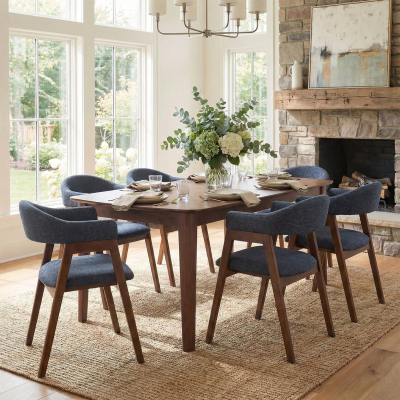 Mid-Century Modern Upholstered Dining Chairs with Curved Back and Solid Wood Legs, Set of 6, 6, Blue