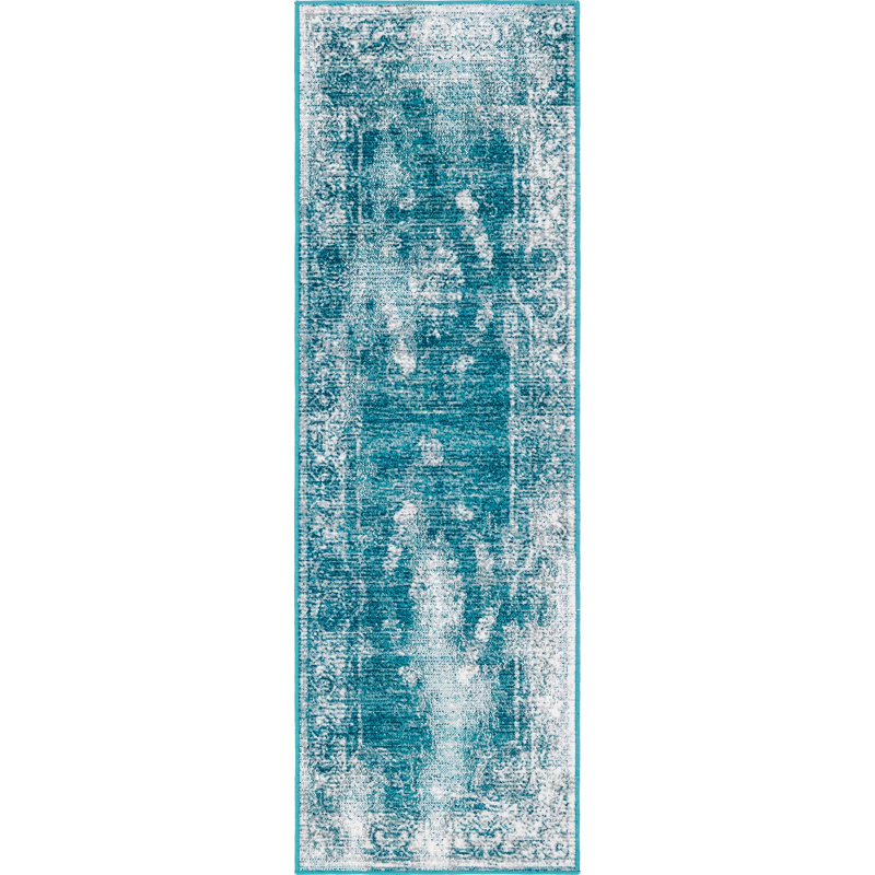 Tapis bleu à motif floral Dota, Tapis de couloir 2 pi x 6 pi 1 po