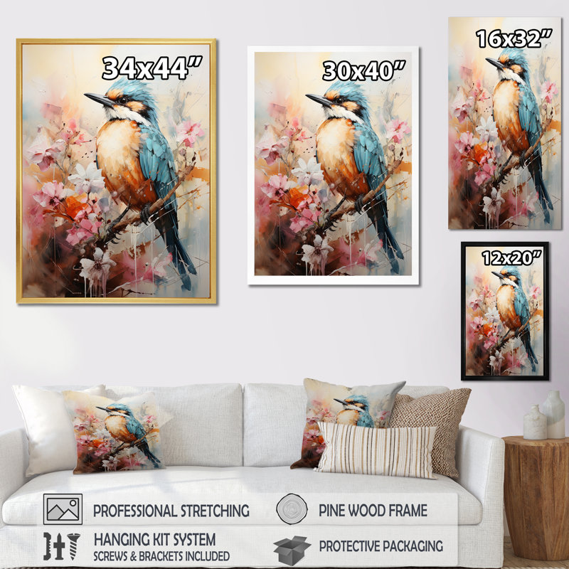 Beige et bleu, oiseaux chanteurs de la nature élégante sur toile, Cadre flottant naturel, H 40 po x l 30 po x P 1,5 po