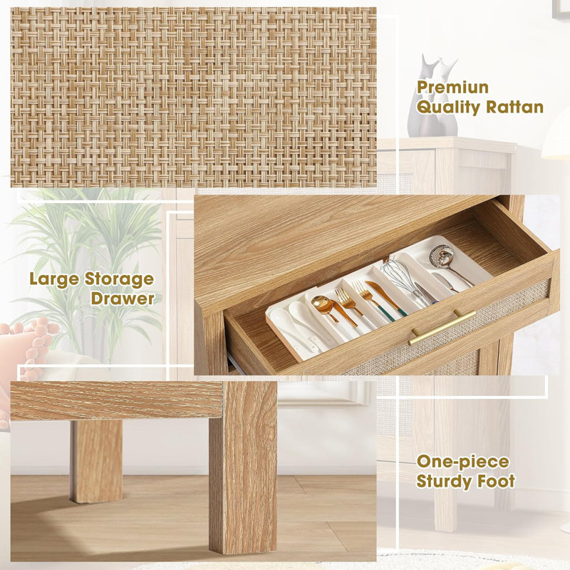 Light Brown Wood and Rattan Cabinet with Adjustable Shelf