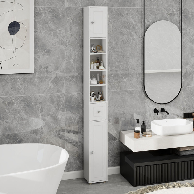 Grande armoire de rangement pour salle de bain mince, armoire de salle de bain autoportante 71 po avec 1 tiroir, 2 portes et 4 tablettes réglables