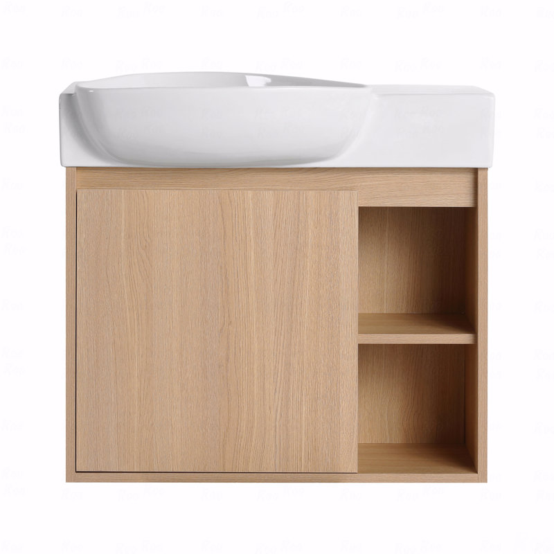 Meuble-lavabo mural 26 po avec lavabo en céramique blanche et porte à fermeture en douceur, 26", Naturel