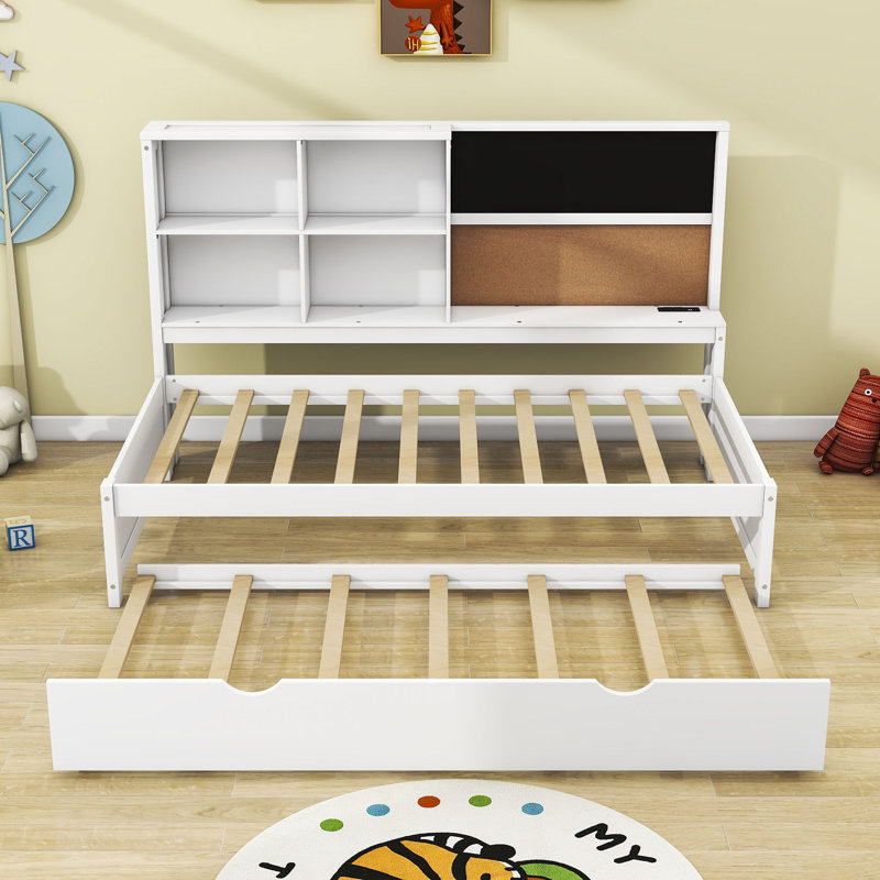 Cyanne Wooden Daybed with Twin Size Trundle, Shelves and Blackboard, Twin