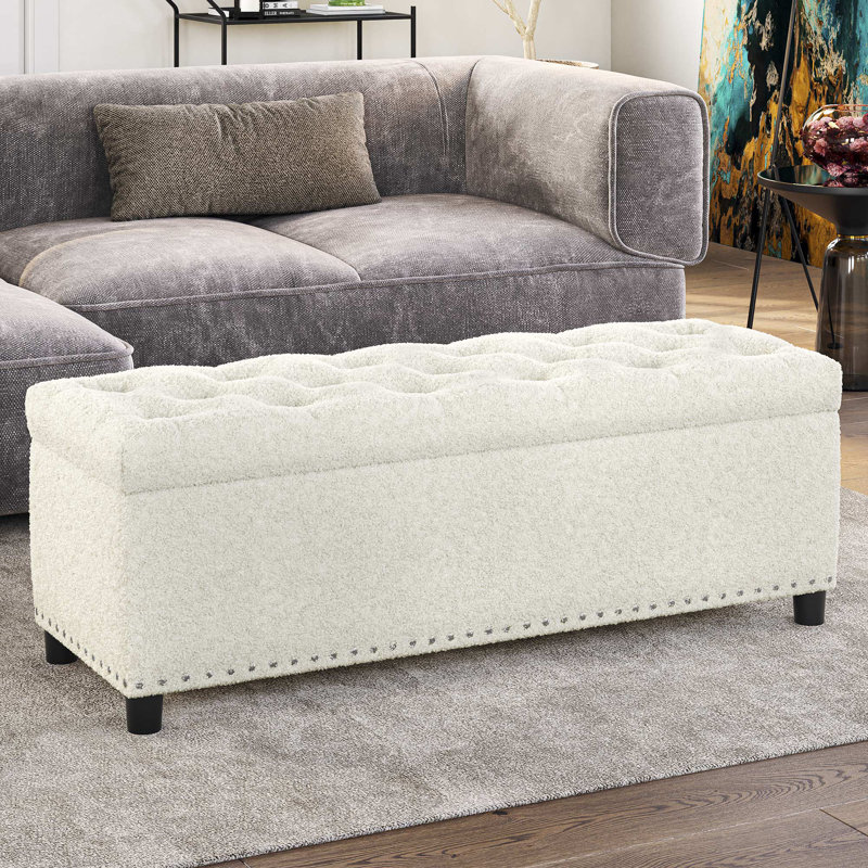 Repose-pieds de rangement rectangulaire capitonné de 46,9 po de largeur, Noir, Molleton pelucheux blanc