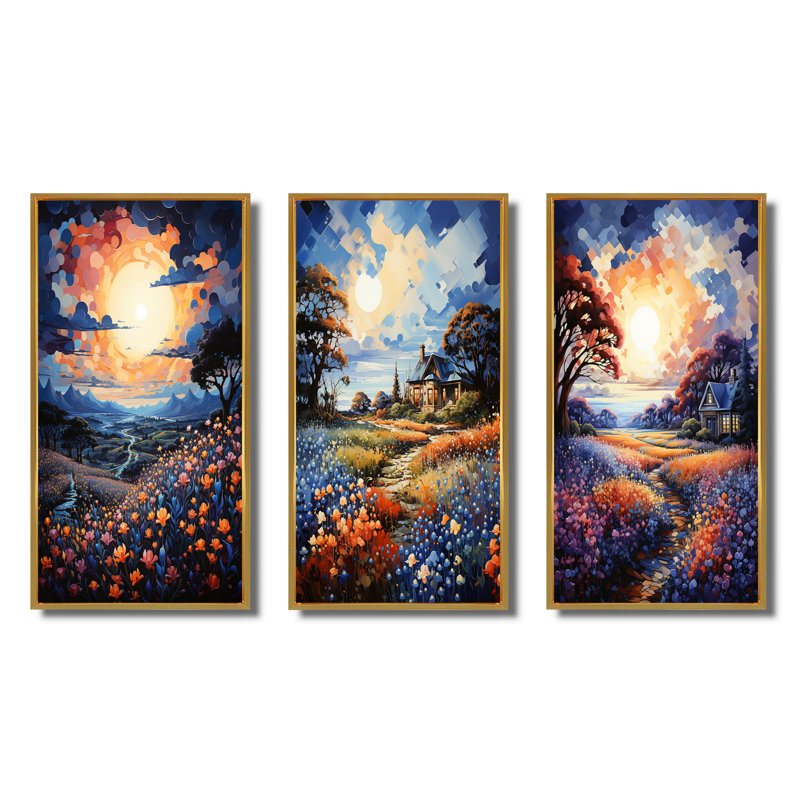 «Blue Bonnet Bliss Field II», 3 pièces sur toile, Encadrement doré, H 32 po x l 48 po