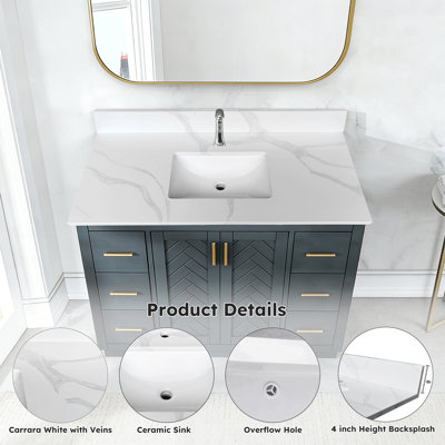 Plateau de meuble-lavabo à quartz 43 po, lavabo central encastré à simple cuve de 3/4 po d'épaisseur, dosseret de 4 po de hauteur, 1 trou de robinet pré-percé, résistant aux taches et à la chaleur, quartz blanc de Carrare avec veines