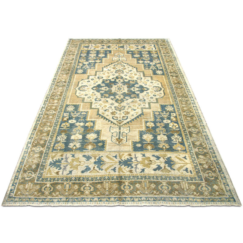 One-of-a-Kind Hand-Knotted 1960s 7'1" x 12'5" Wool Area Rug in Beige/Blue/Ivory