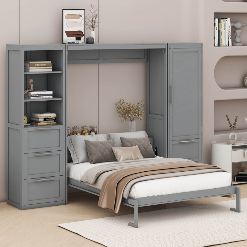 Queen Size Murphy Bed With Drawers And Shelves, Gray
