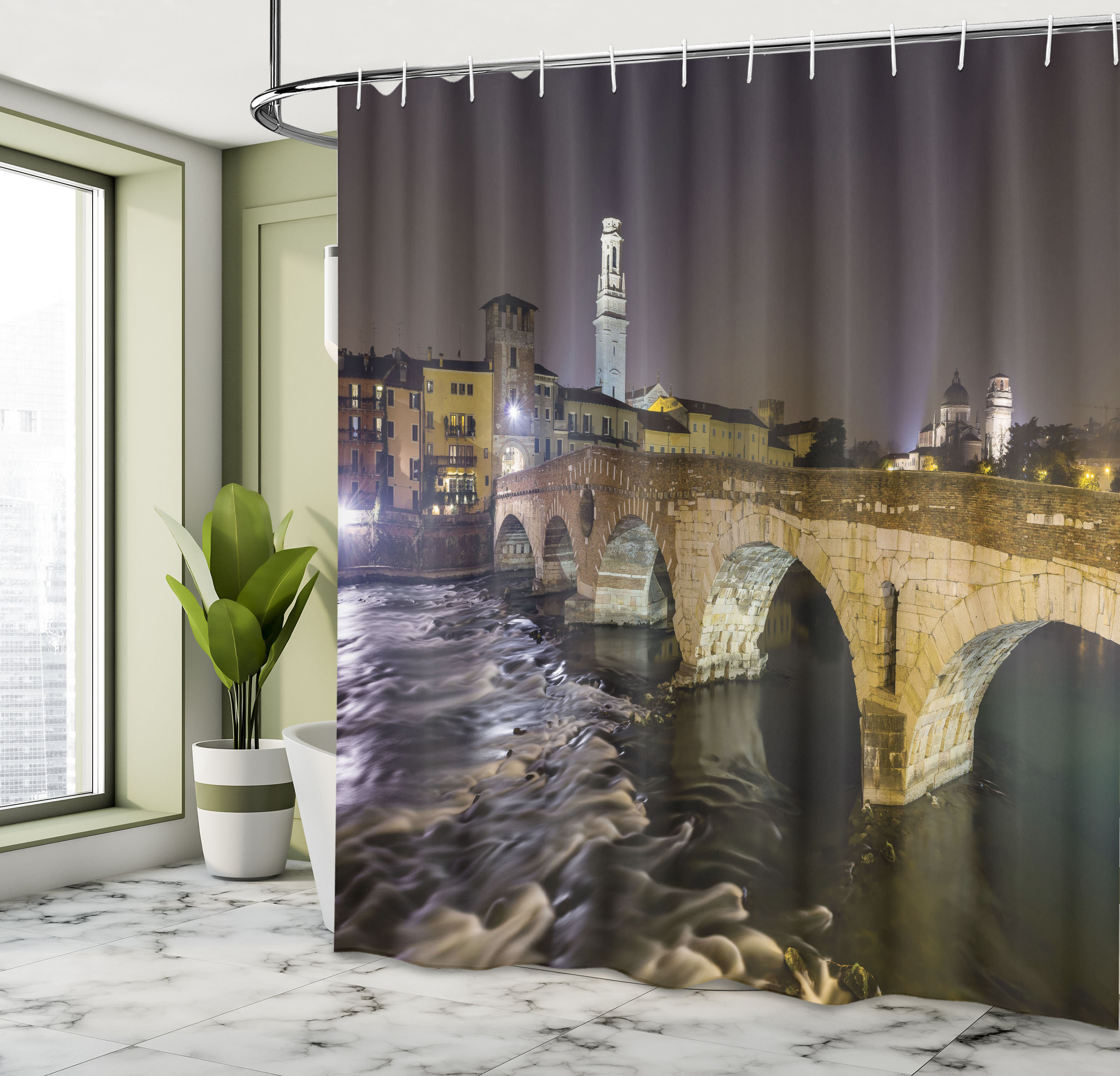 East Urban Home Cityscape Shower Curtain Roman Bridge Black Beige East Urban Home Size: 84\, image size:2466x2368