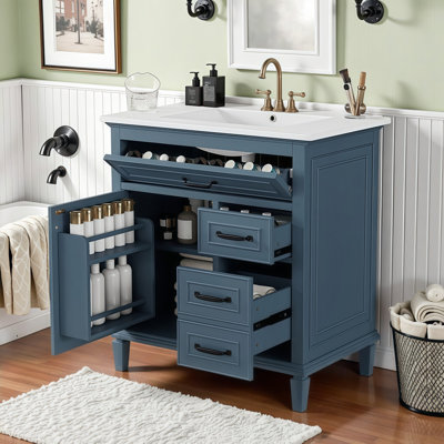 Freestanding Bathroom Vanity with Ceramic Sink Top, Smart Flip Drawer & Solid Wood Frame – Modern Storage Cabinet