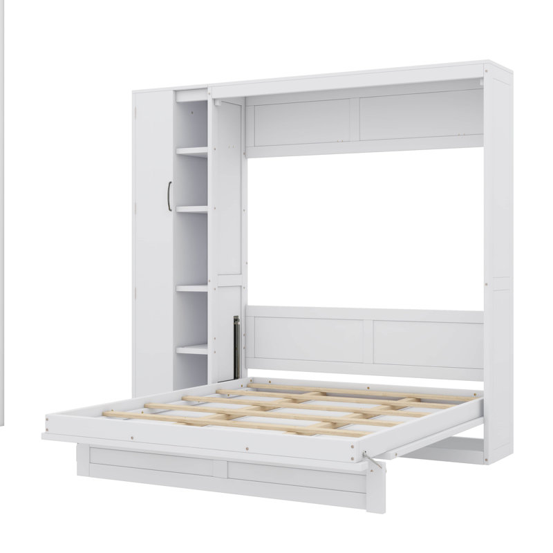 Full-Size Murphy Wall Bed Featuring Functional Shelves, Closet & Subtle LED Lighting, Full, White