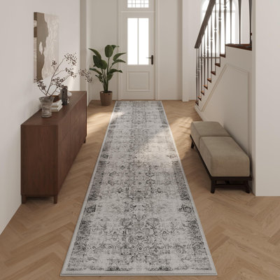Hallway Runner Rugs For Kitchen Boho Washable Rug Runners 2'6''X10' Non Slip Grey Long Runner Rugs Low Pile 10Ft Soft Vintage Carpet