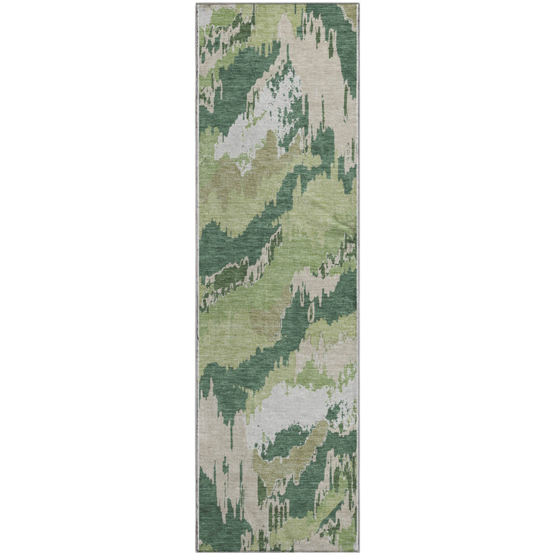 Premium Machine Washable Prisco Green Rug, Runner 2'3" x 7'6"