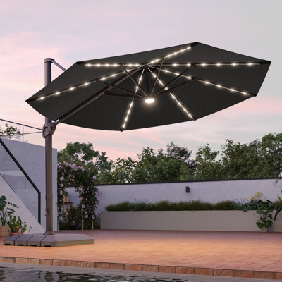 Luxury Shade: 11FT LED Cantilever Umbrella with Solution-Dyed Fabric, Aluminum Frame, and 360° Rotation