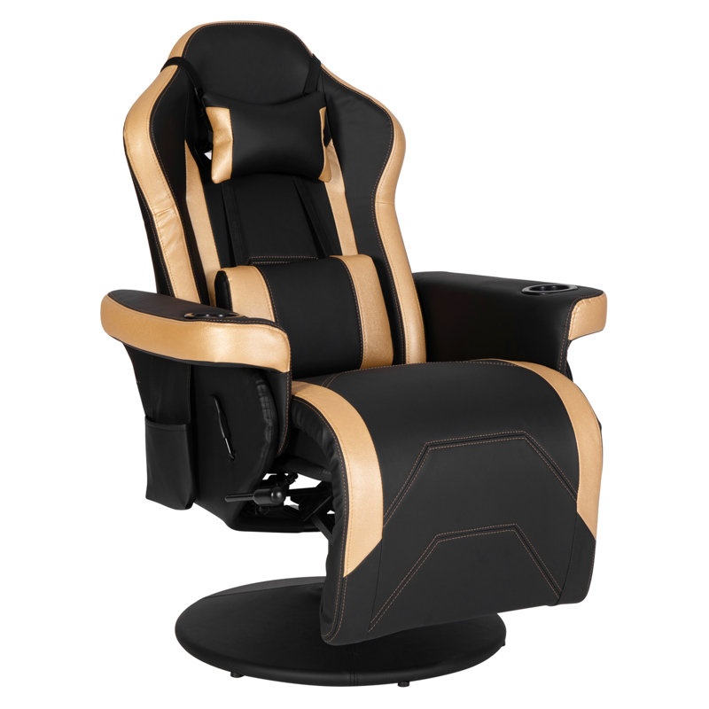 Inbox Zero Reclining Ergonomic Swiveling PC & Racing Game Chair with Footrest, Black/Gold