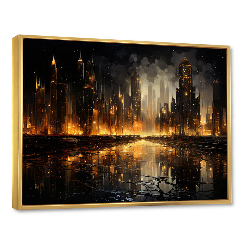 Nyc Cityscape Night Noir sur toile, H 30 po x l 40 po x P 1,5 po, Cadre flottant doré