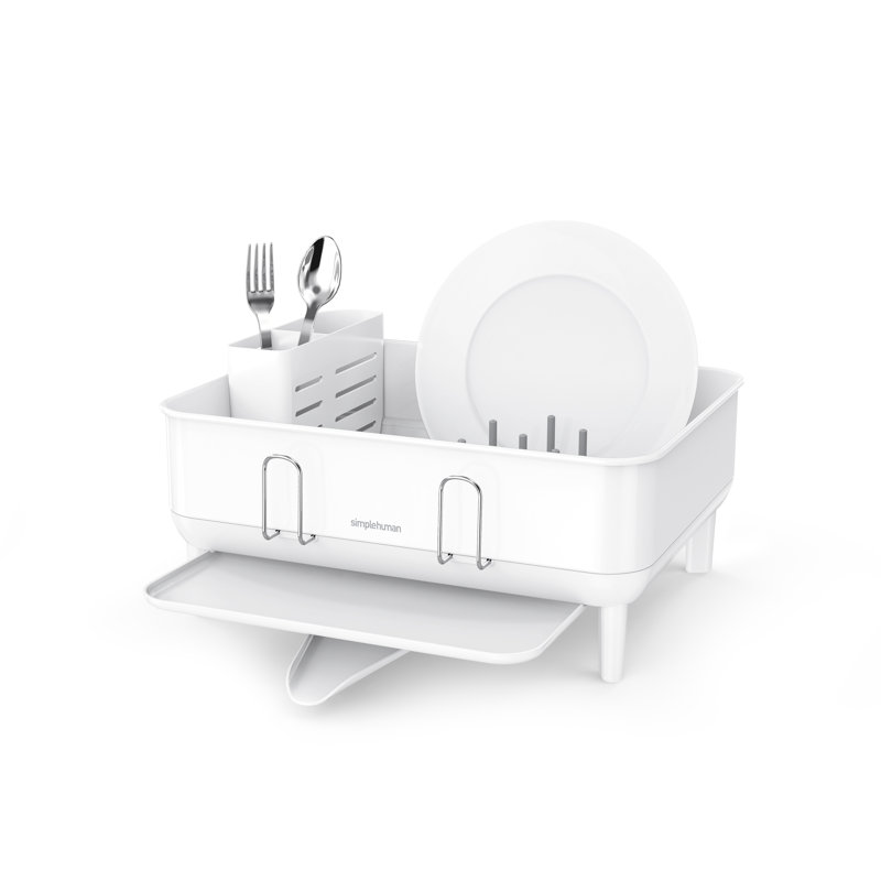 simplehuman Compact Kitchen Dish Drying Rack with Swivel Spout, Fingerprint-Proof Stainless Steel Frame, White Steel/White