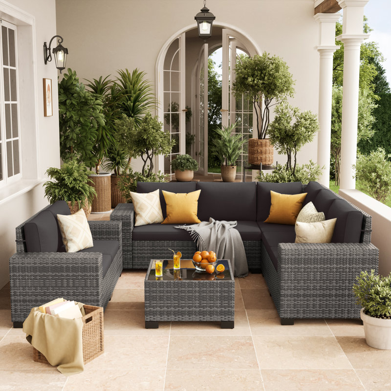 7 - Person Outdoor Rattan Sectional Seating Group With Cushions, Gray, Black