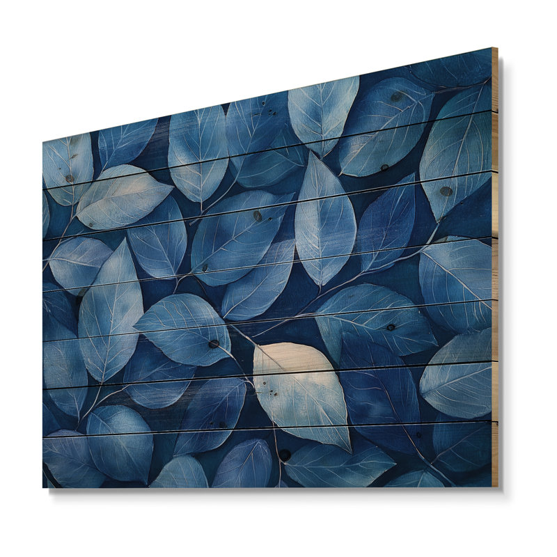 Indigo feuilles feuillage collage II - feuilles de bois décoration murale - sur bois de pin naturel, H 10 po x l 20 po