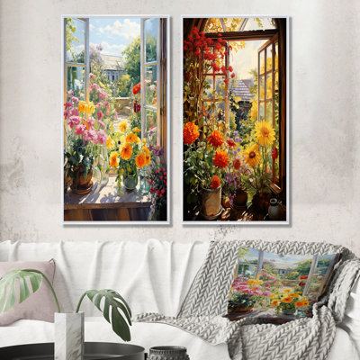 Fleurs d'été, vue de fenêtre à la ferme II - ensemble d'art mural en toile pour fenêtre