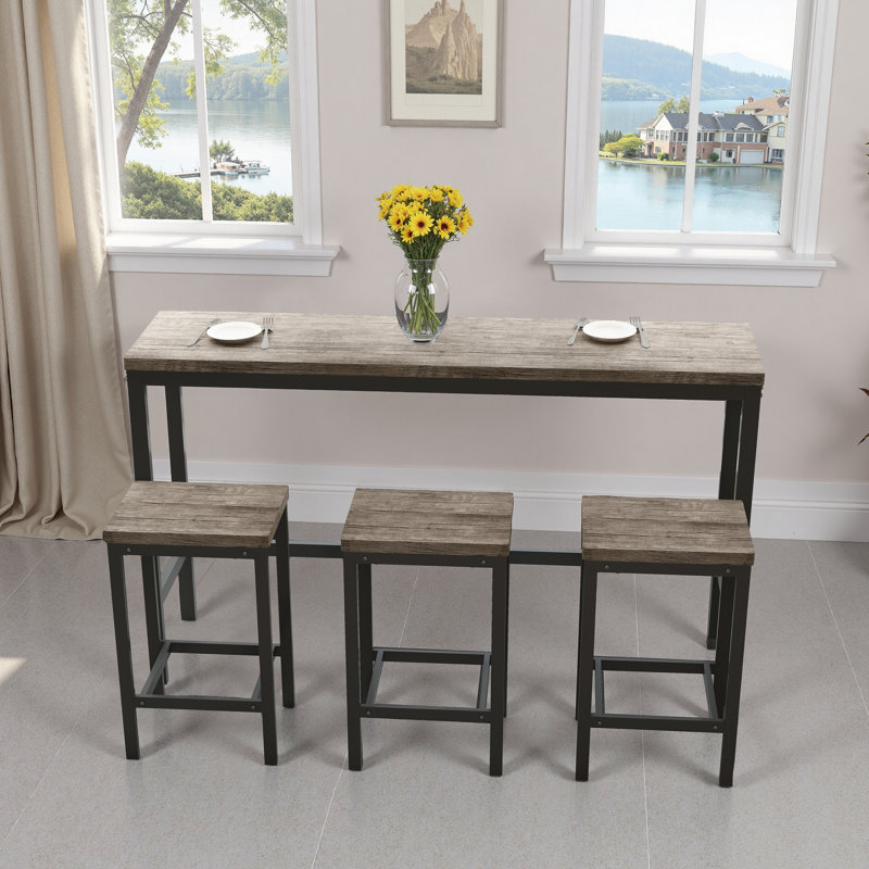 Table de salle à manger de cuisine moderne, table de pub, ensemble de table de salle à manger longue avec 3 tabourets, assemblage facile, brun gris
