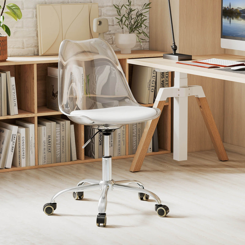 1 chaise de bureau transparente PCS avec siège pivotant et roulettes en cuir synthétique doux
