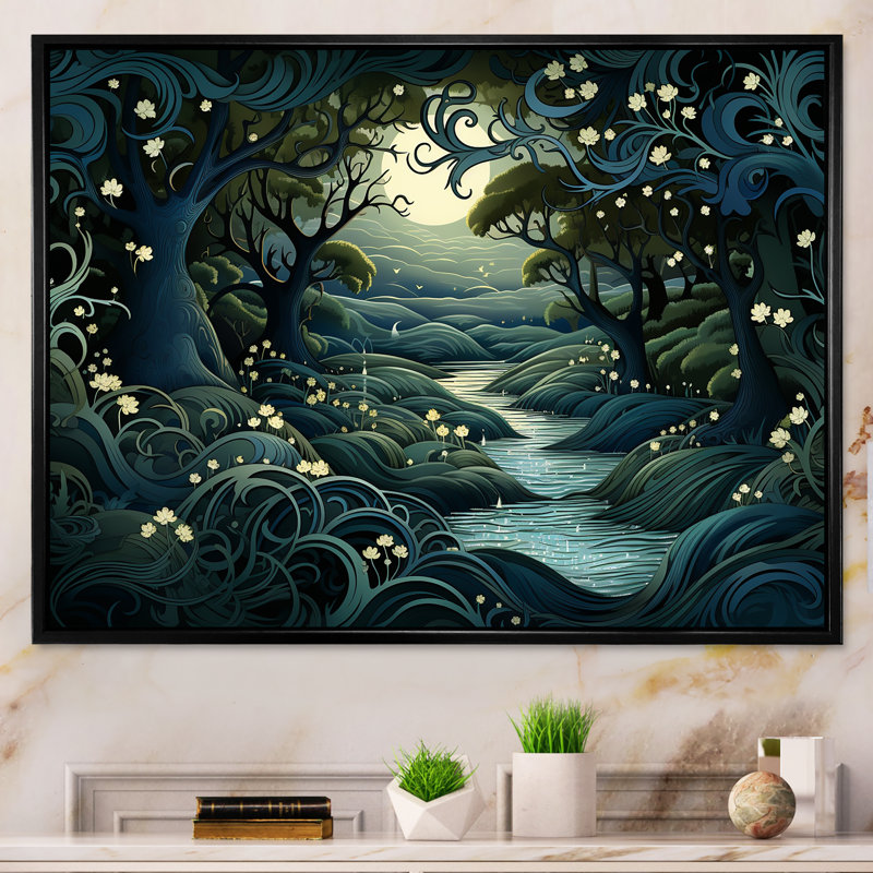 «Jungle River Collage At Night 2», art mural Jungle, Cadre flottant noir, H 16 po x l 32 po x P 1 po