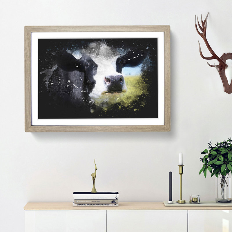 A Cow in the Meadow - Picture Frame Graphic Art Print, 62cm H x 87cm W x 2cm D, Oak Framed