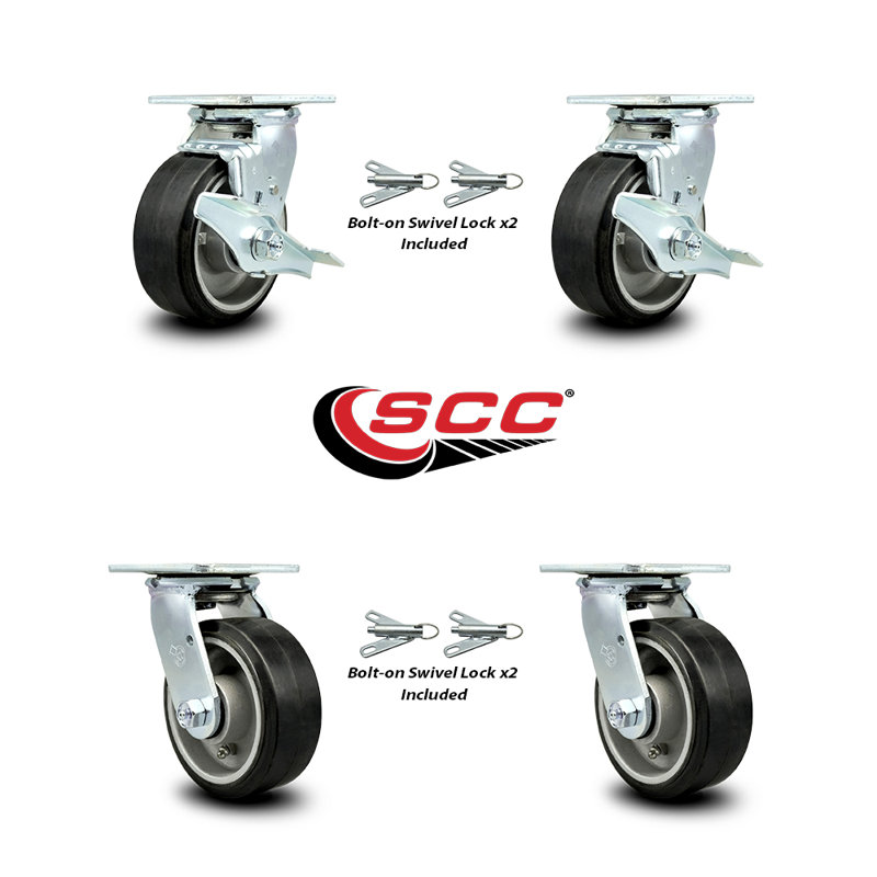 5 Inch Rubber on Aluminum Caster Set with Roller Bearings 4 Swivel Lock 2 Brake|SCC-30CS520-RAR-TLB-BSL-2-BSL-2