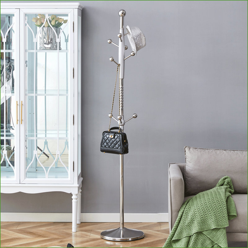 Portemanteaux, acier inoxydable moderne de 72 pouces avec renfort en bois massif, supports amovibles, argent (or optionnel) | Argent | Métal, bois massif