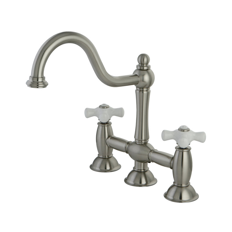 Double Handle Widespread Kitchen Faucet with Porcelain Cross Handles, Polished Brass
