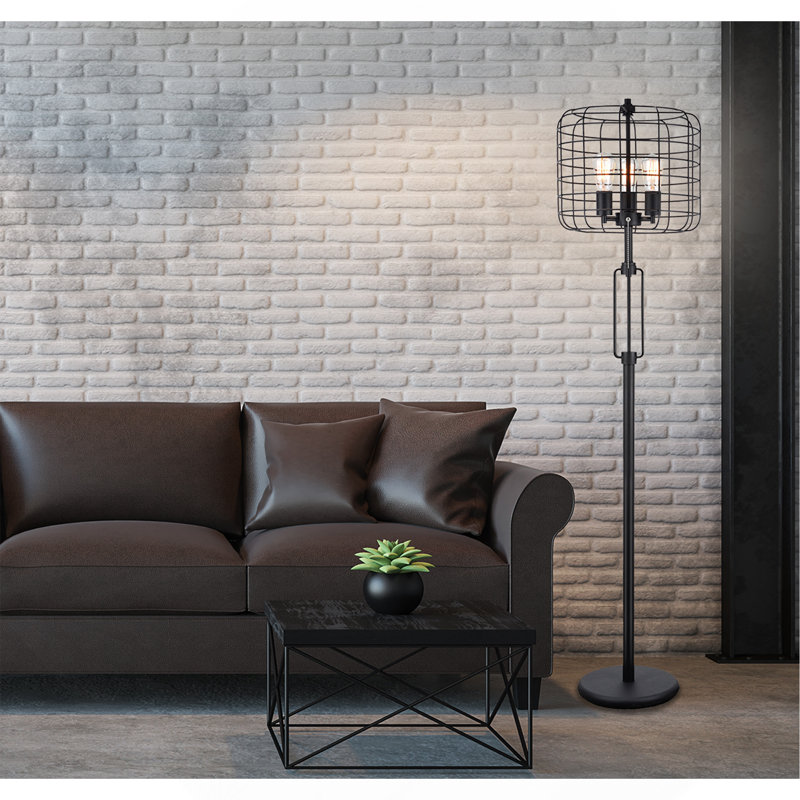 LAMPE DE SOL À CAGE INDUSTRIELLE H 65 po NOIR AVEC AMPOULE
