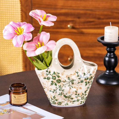 Ceramic Purse Vase For Flowers, Handbag-Shaped Vintage Vase, Rustic Farmhouse Decor, Floral Centerpiece For Living Room, Kitchen, Bedroom, Chinoiserie And Tuscan Style Home Accent