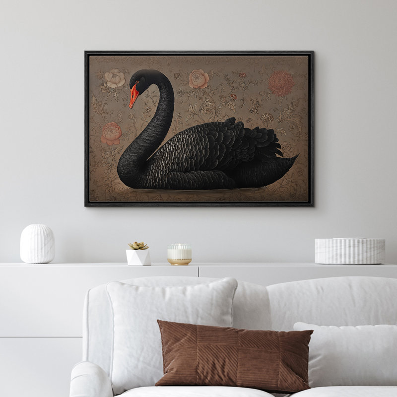 Reproduction d'art floral rétro avec cygne noir pour salon, H 24 po x l 36 po x P 1,5 po, Black