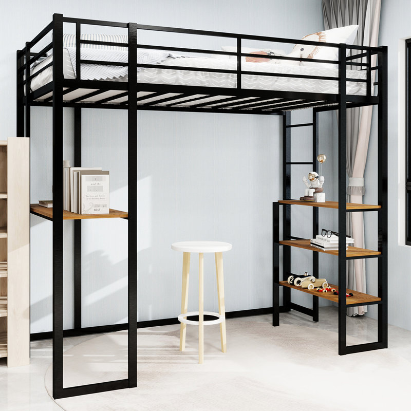 Twin Size Iron Frame Bed With L - Shaped Desk And Stairs In Black, For Bedroom, Space Efficient Quick To Install Black Table Youth Safe, Saving