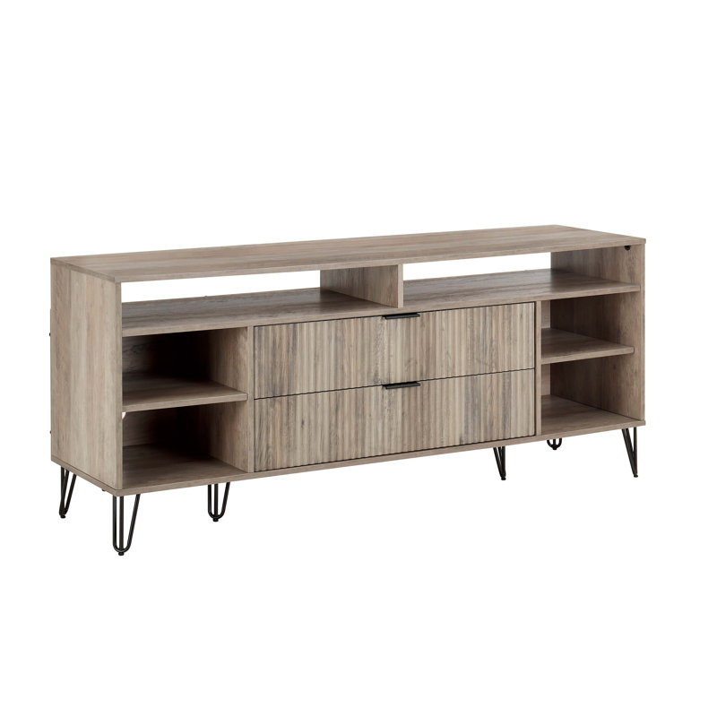 DUMBO 63" Mid-Century Modern TV Stand with 6 Shelves and 2 Drawers, Rustic Gray