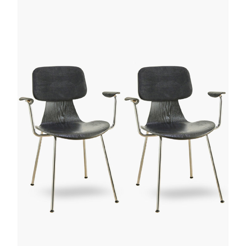 Chaise de salle à manger avec accoudoirs rétro et dossier en bois massif, Noir
