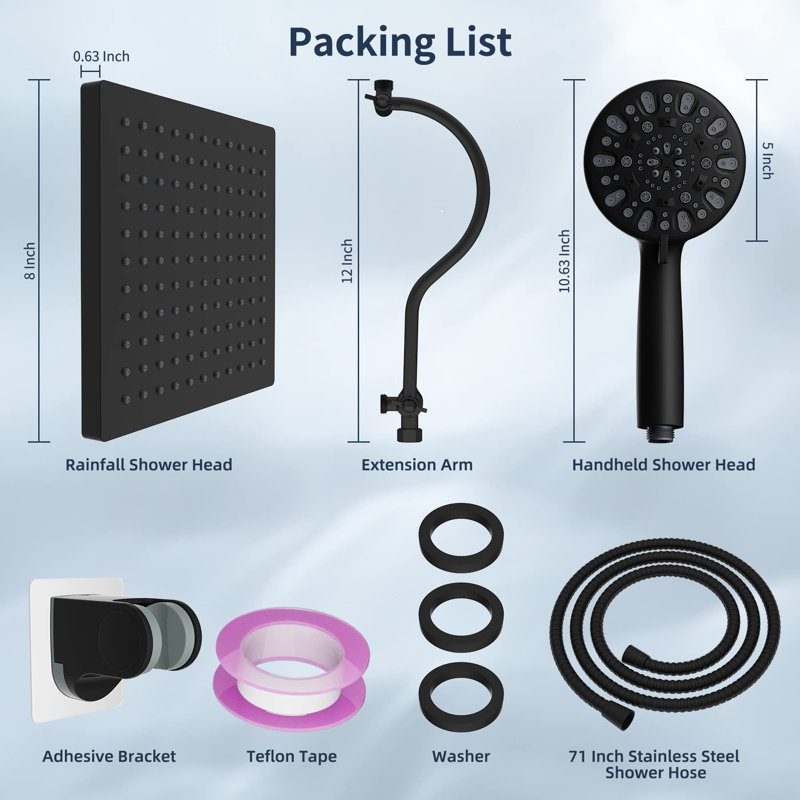 Matte Black 8-Inch Rainfall Shower Head Combo with Handheld